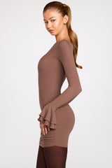 Ribbed Modal Long-Sleeve Draped Mini Dress in Mocha