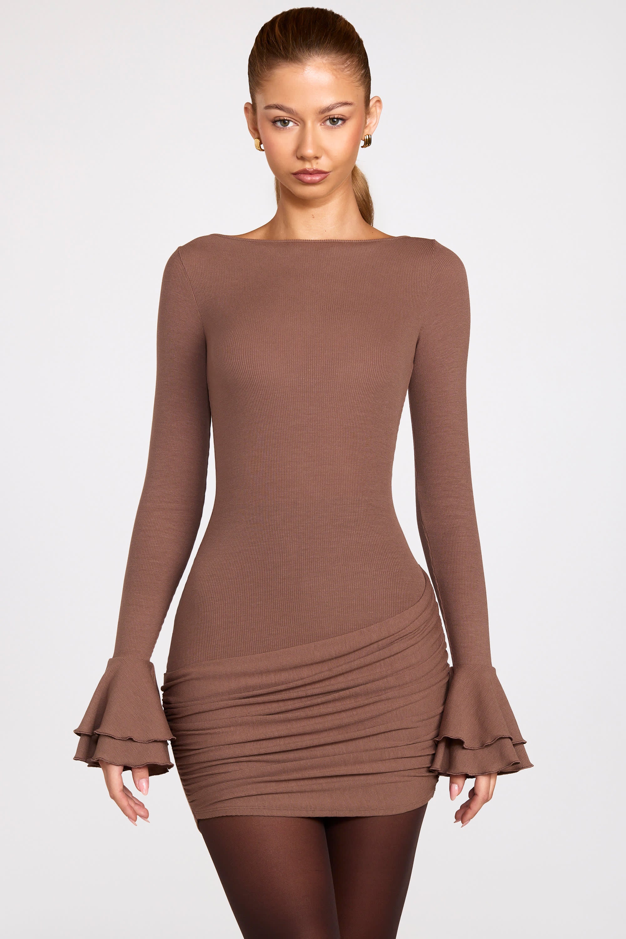 Ribbed Modal Long-Sleeve Draped Mini Dress in Mocha