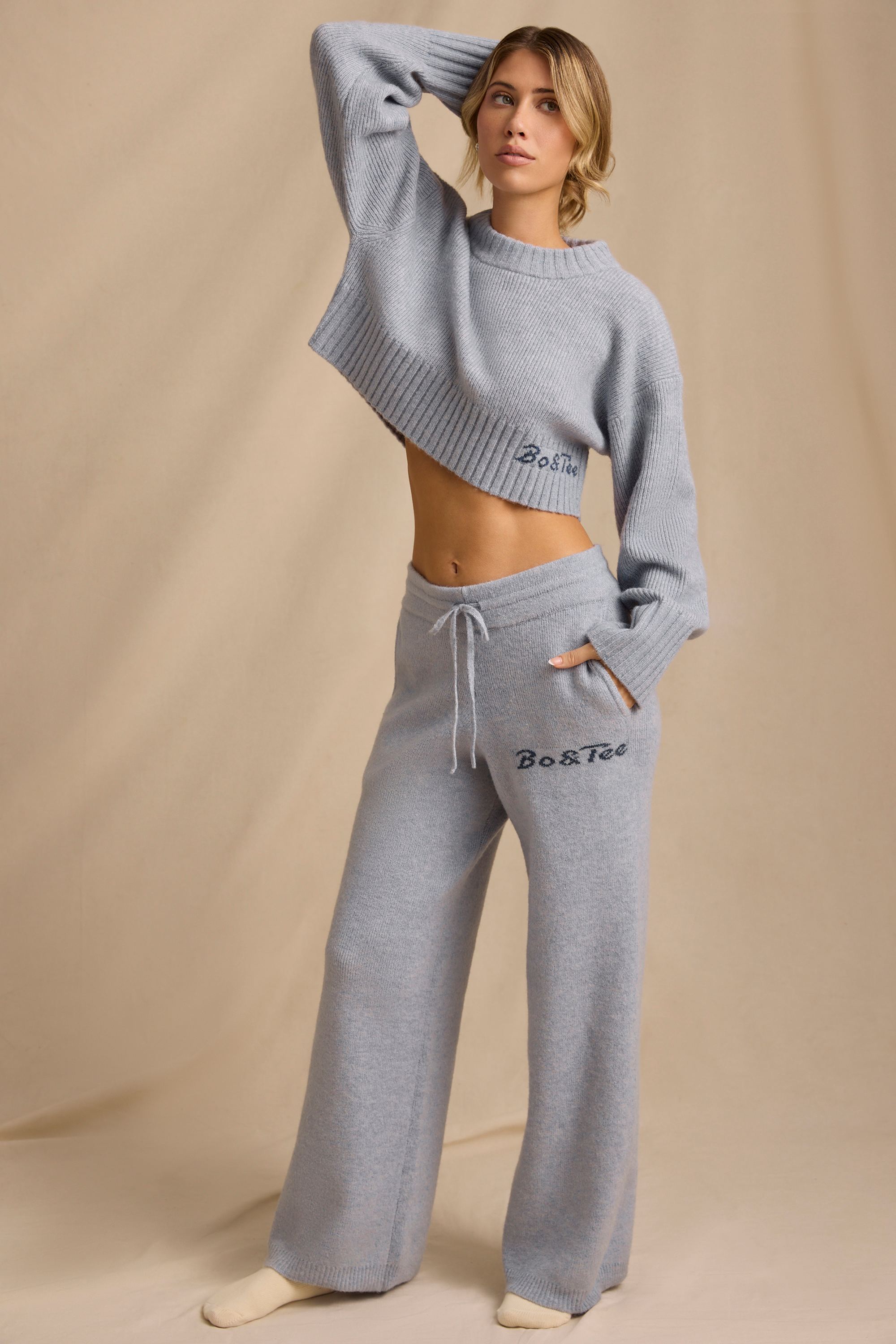 Ribbed Knit Mid-Rise Wide-Leg Joggers in Soft Blue
