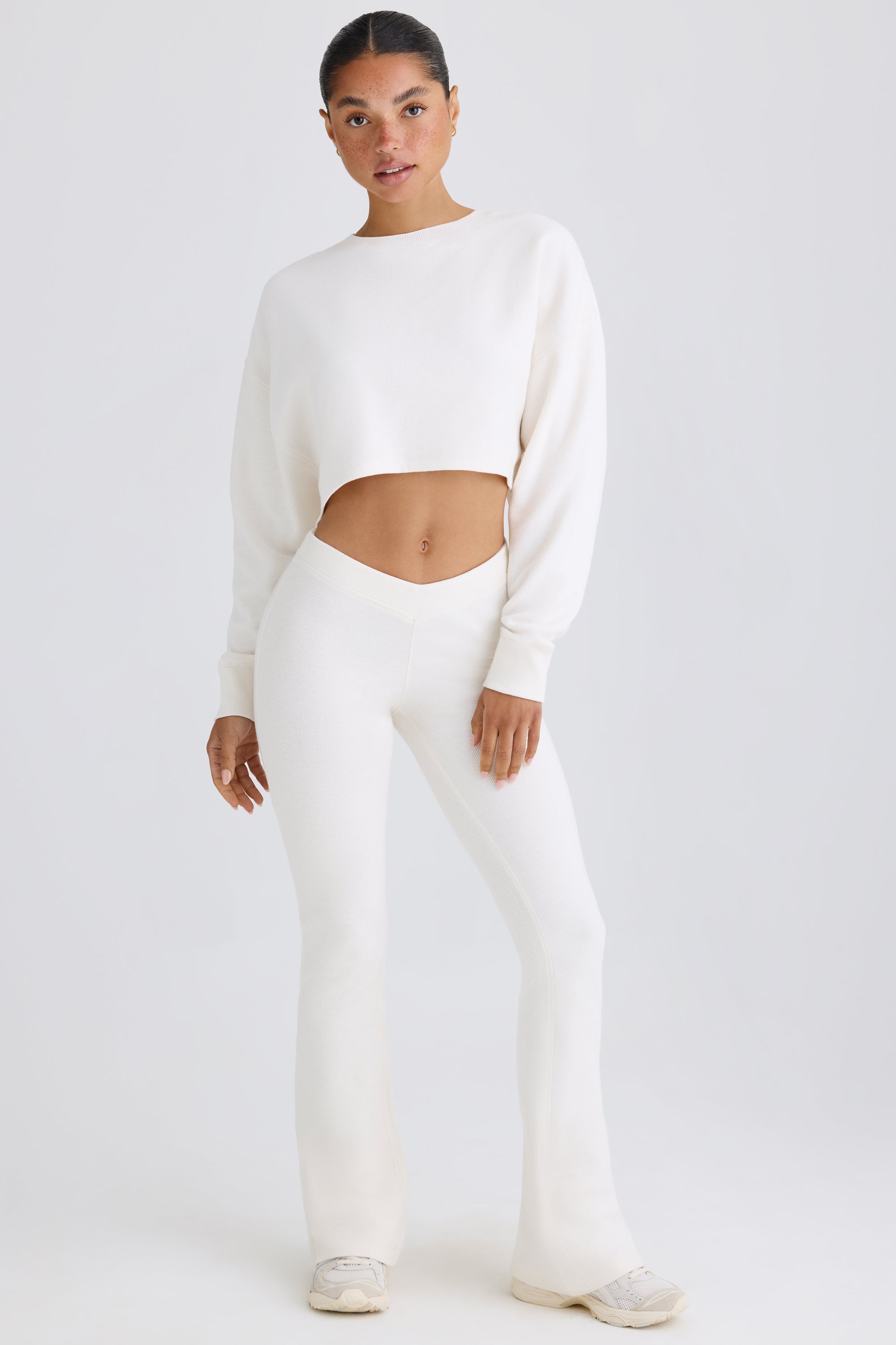 Textured Cotton Jersey Flared Trousers in White