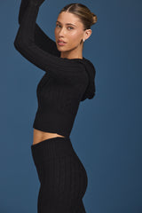 Cable Knit Zip-Up Hoodie in Black