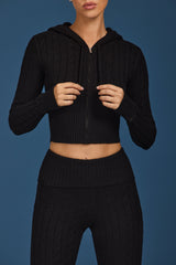 Cable Knit Zip-Up Hoodie in Black