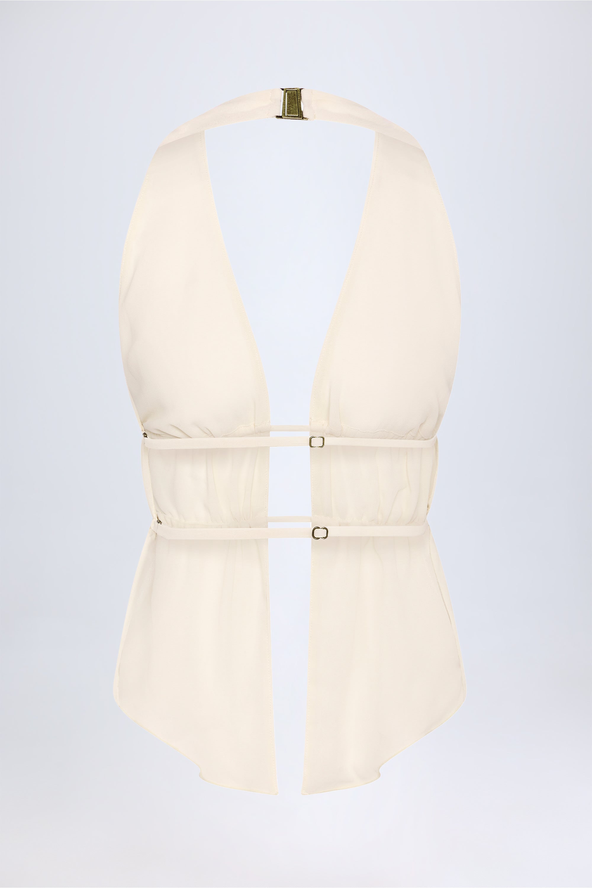 Cut-Out Semi-Sheer Ruched Halterneck Crop Top in Ivory