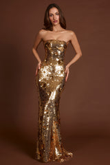 3D Embellished Bandeau Maxi Dress in Gold