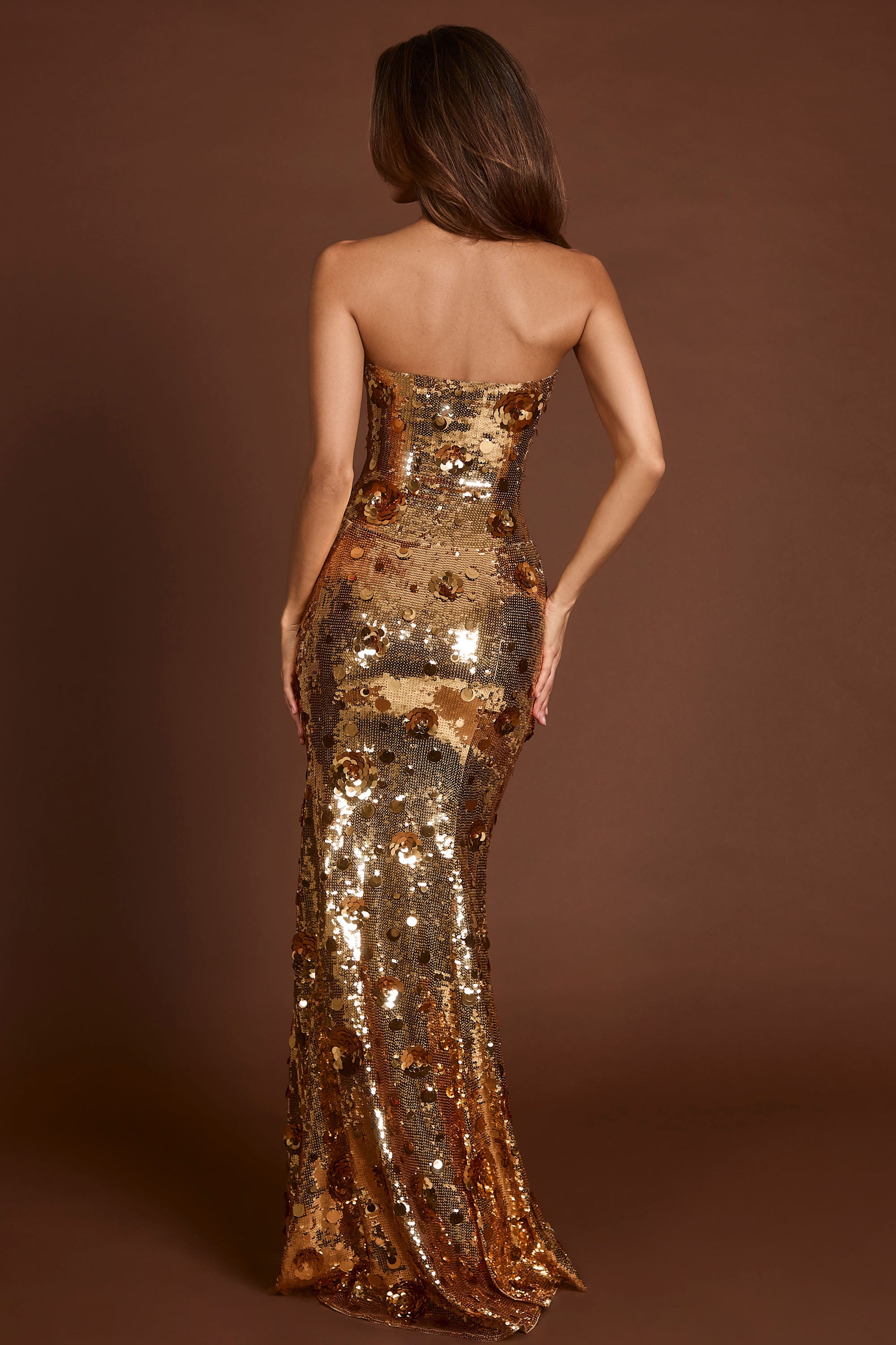 3D Embellished Bandeau Maxi Dress in Gold