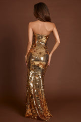 3D Embellished Bandeau Maxi Dress in Gold