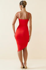 Asymmetric Ruched Midi Dress in Scarlet