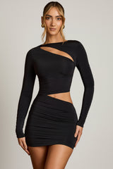 Asymmetric Cut-Out Draped Mini Dress in Black