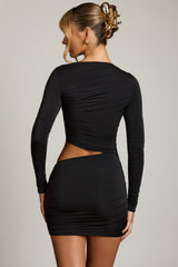 Asymmetric Cut-Out Draped Mini Dress in Black