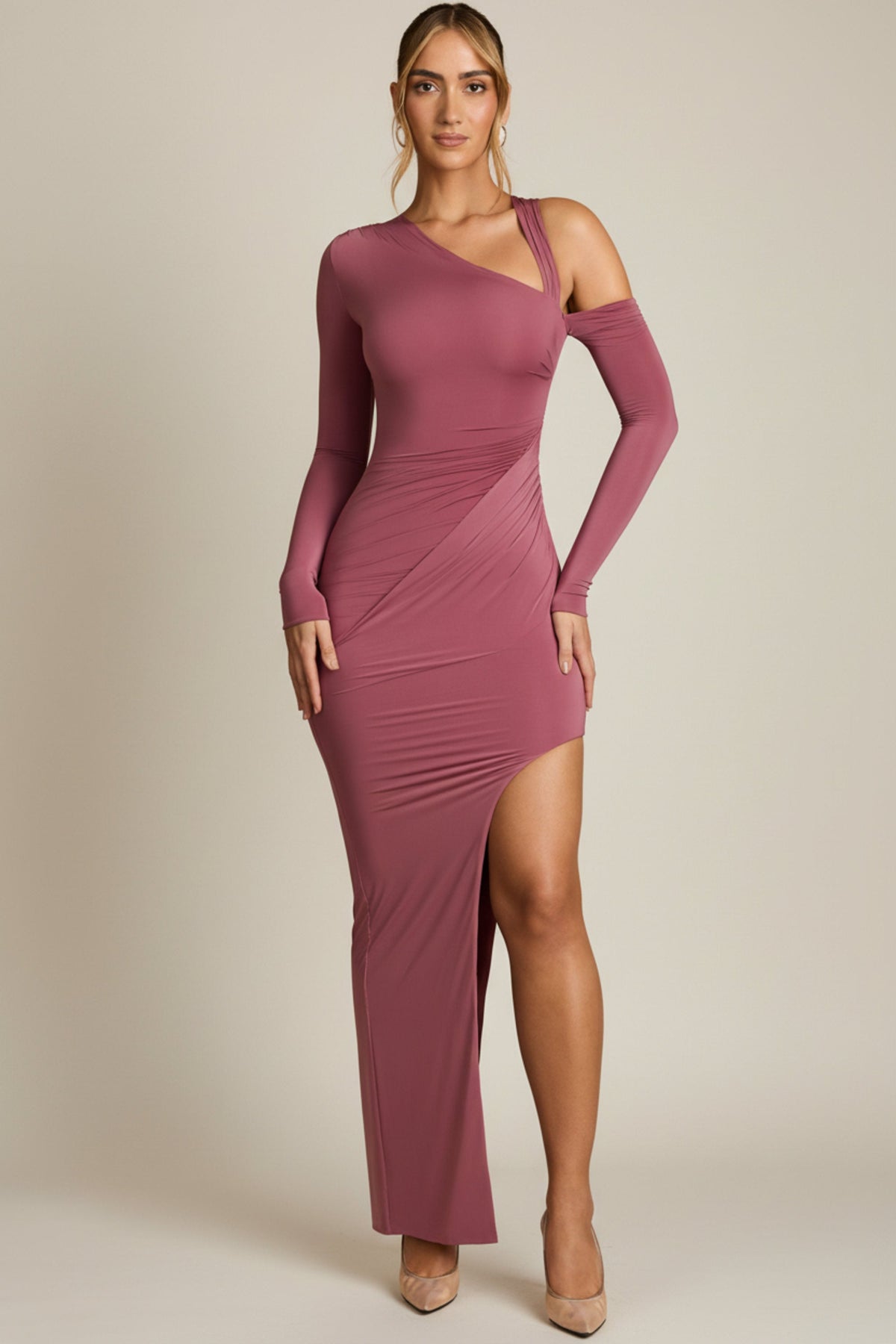 Asymmetric Draped Maxi Dress in Rose Brown