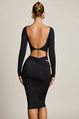 Cut-Out Draped High-Rise Midi Skirt in Black