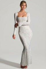Embellished Long-Sleeve Fishtail Maxi Dress in White