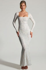 Embellished Long-Sleeve Fishtail Maxi Dress in White