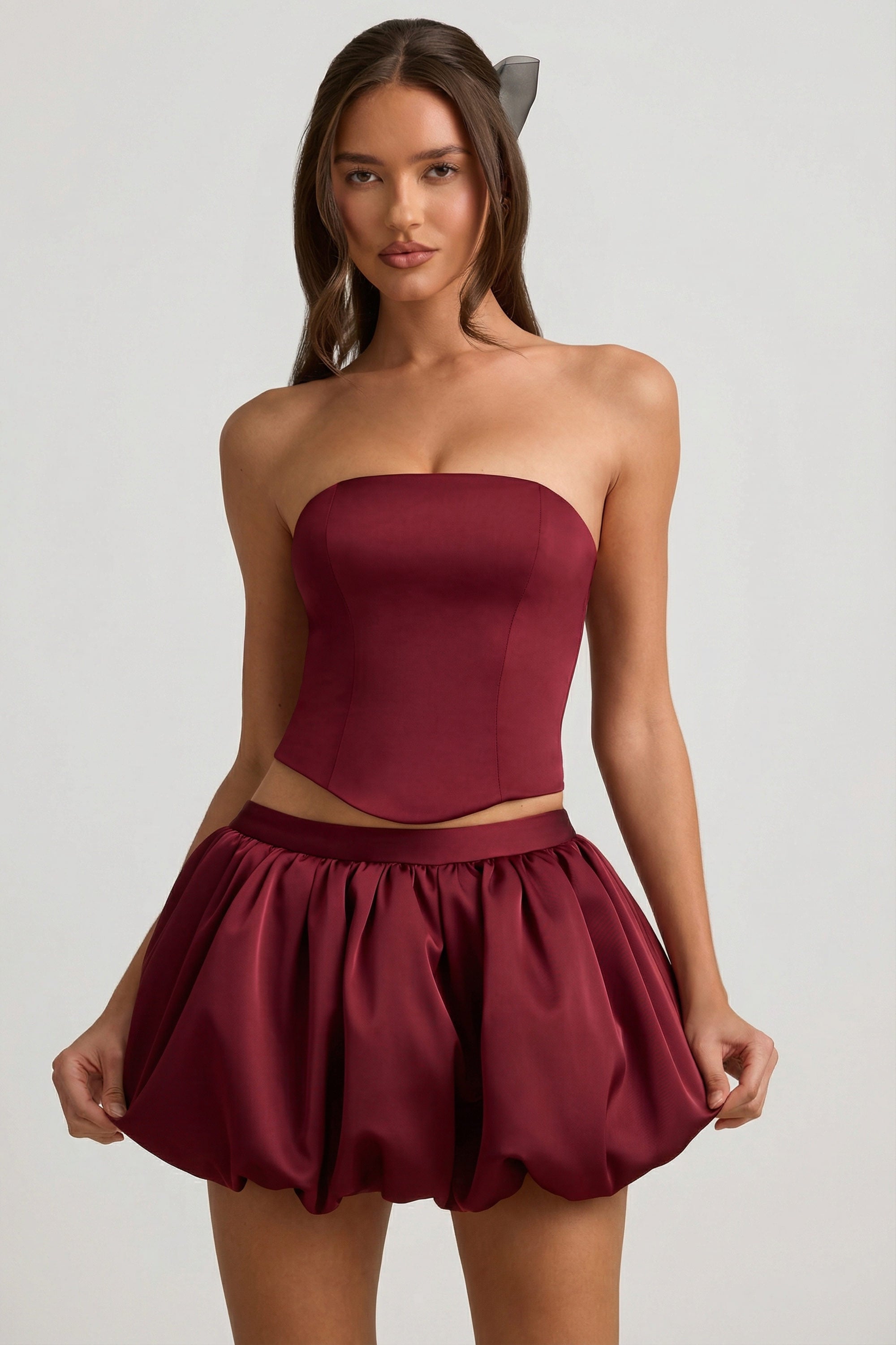 Bubble Hem Mid-Rise Mini Skirt in Wine Red