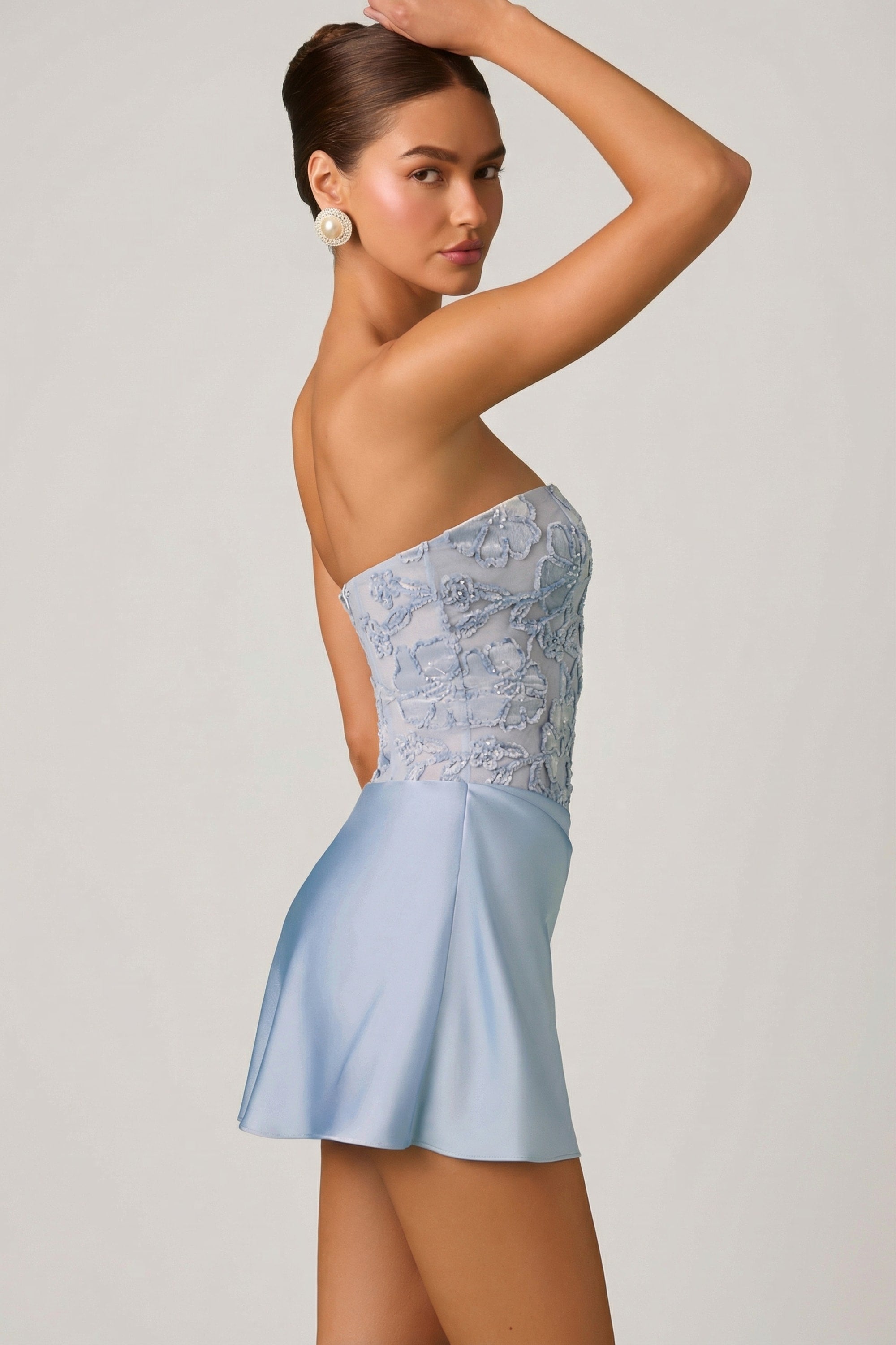 Embellished Draped Strapless A-Line Mini Dress in Sky Blue