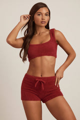 Fluffy Knit Mid-Rise Mini Shorts in Ruby Red