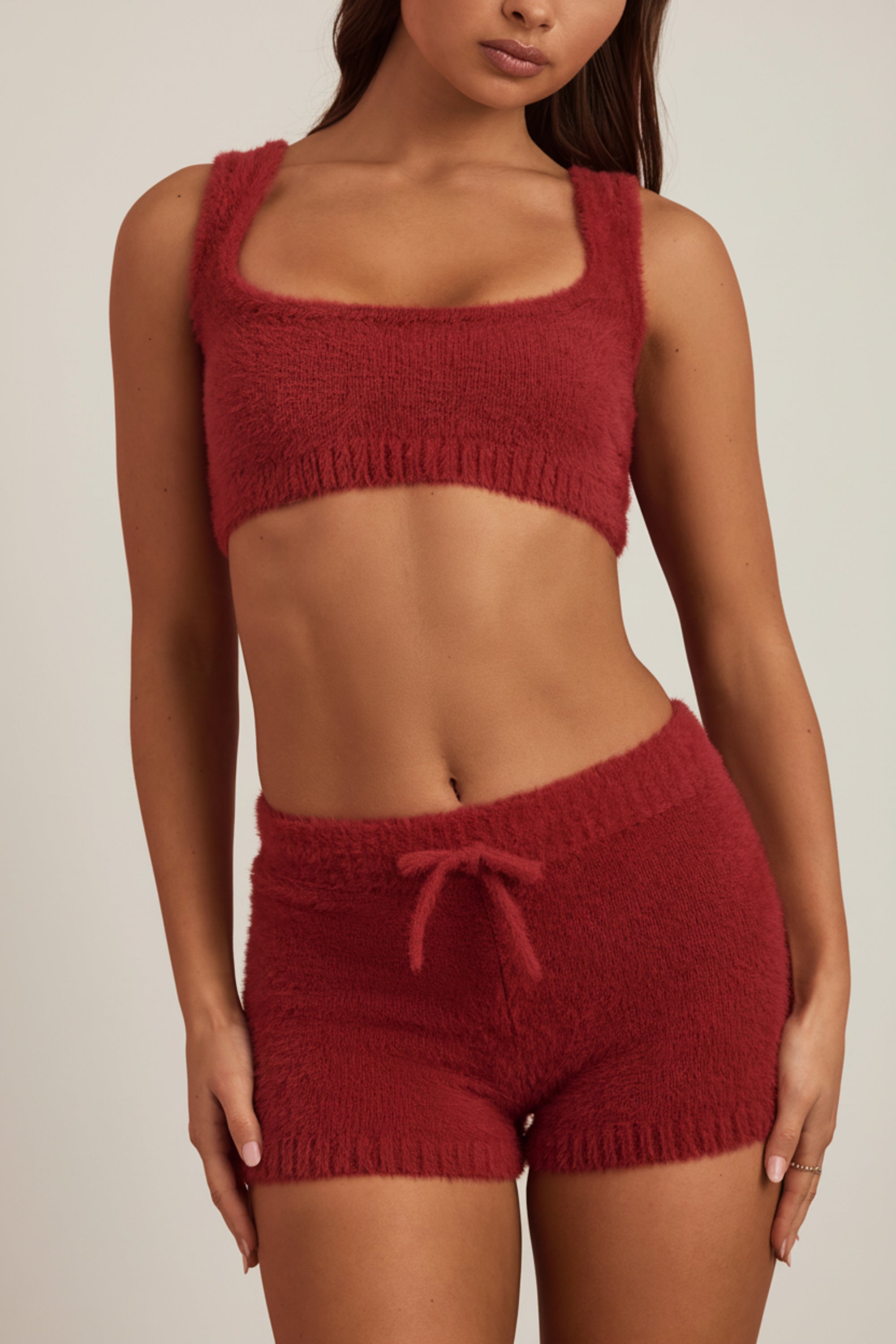 Fluffy Knit Scoop-Neck Bralette in Ruby Red
