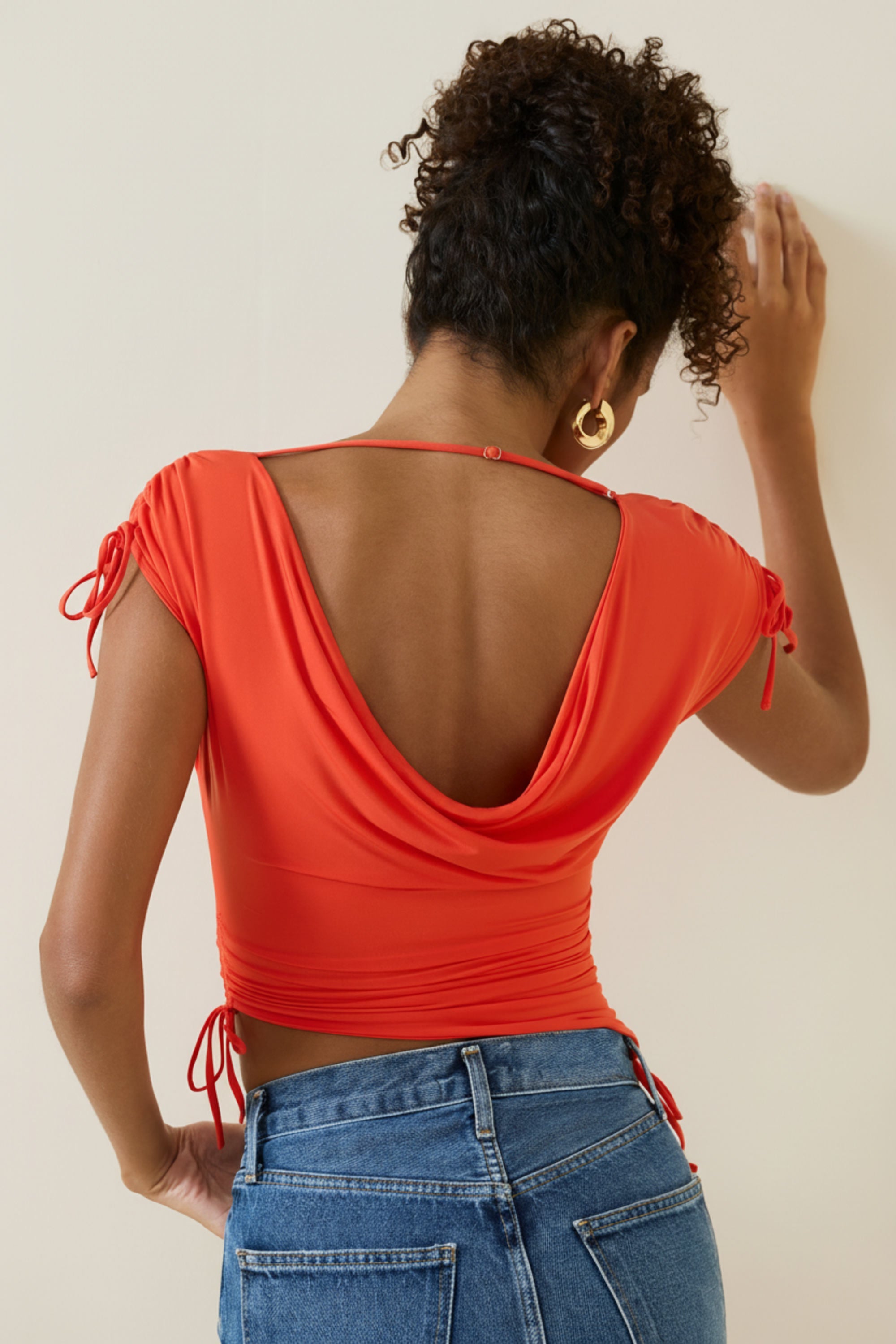Asymmetric Ruched Cowl-Back Crop Top in Scarlet
