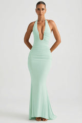 Ruched Backless Halterneck Gown in Mint