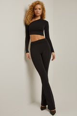 Asymmetric Draped Mid-Rise Flared Trousers in Black
