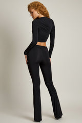 Asymmetric Draped Mid-Rise Flared Trousers in Black