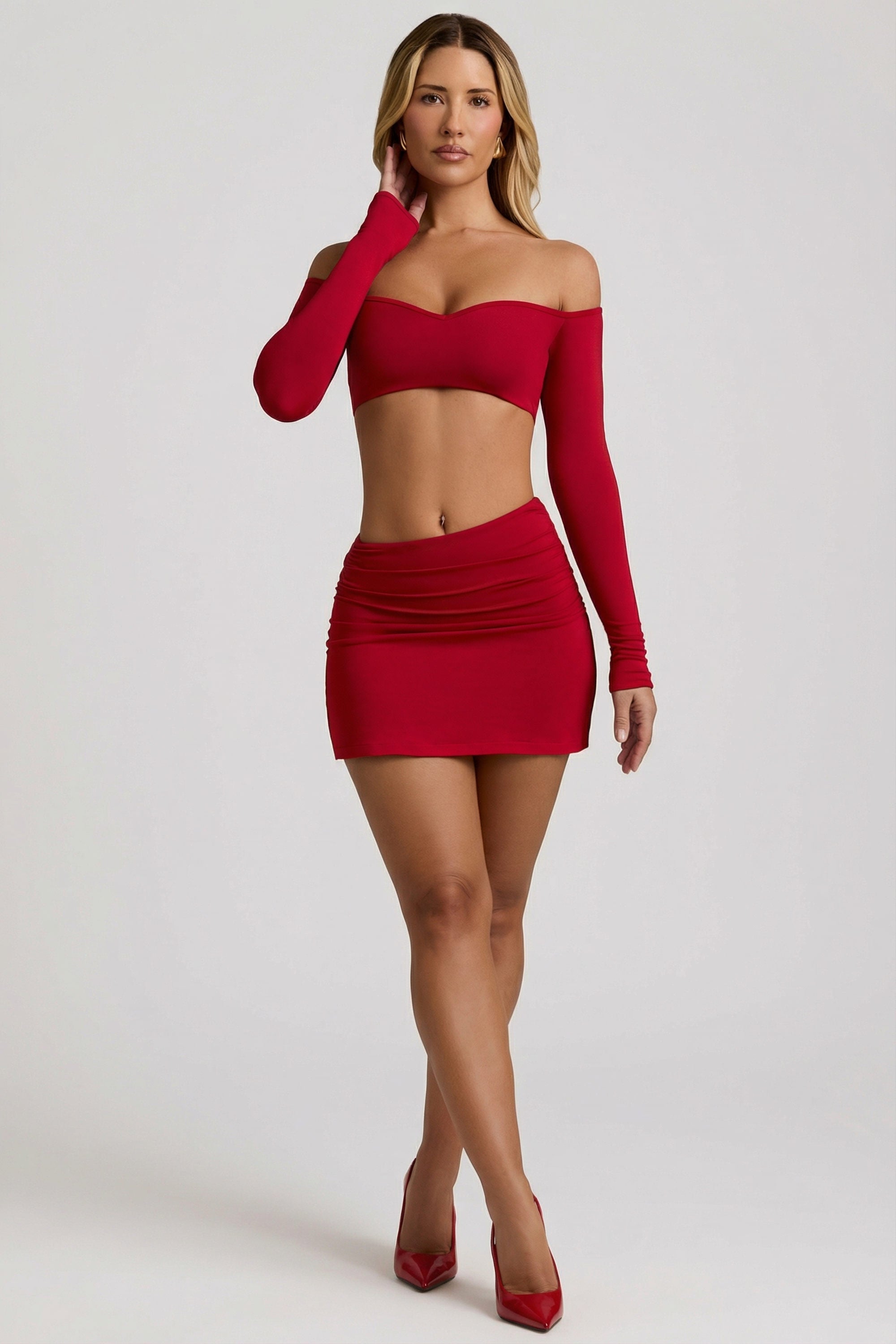 Modal Asymmetric-Waist Mini Skirt in Red