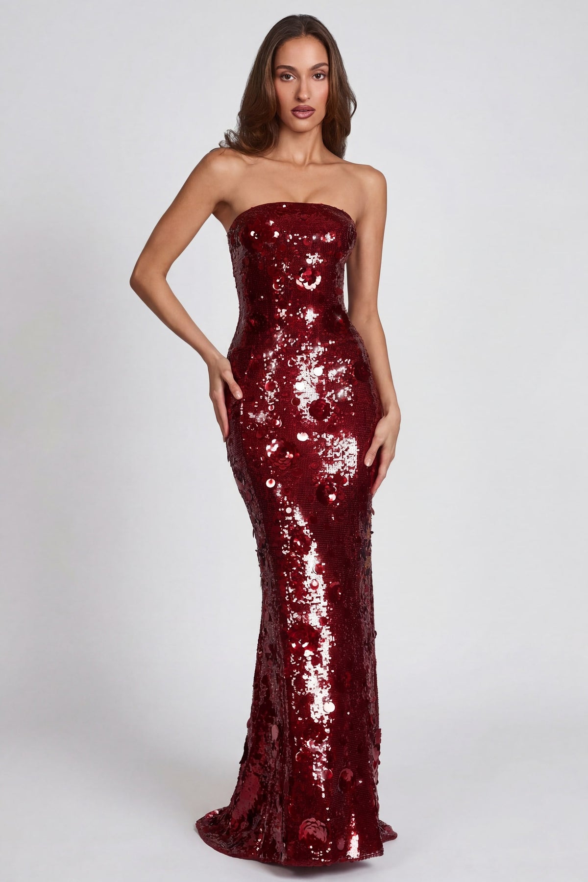 3D Embellished Bandeau Maxi Dress in Red