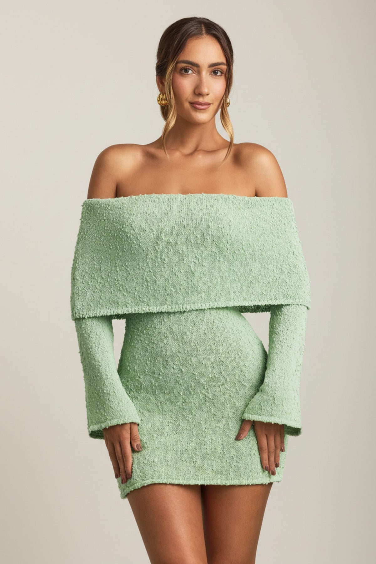 Bouclé Off-Shoulder Mini Dress in Mint