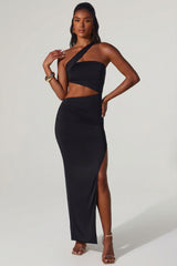 Asymmetric Neckline Ruched Cut Out Maxi Dress in Black
