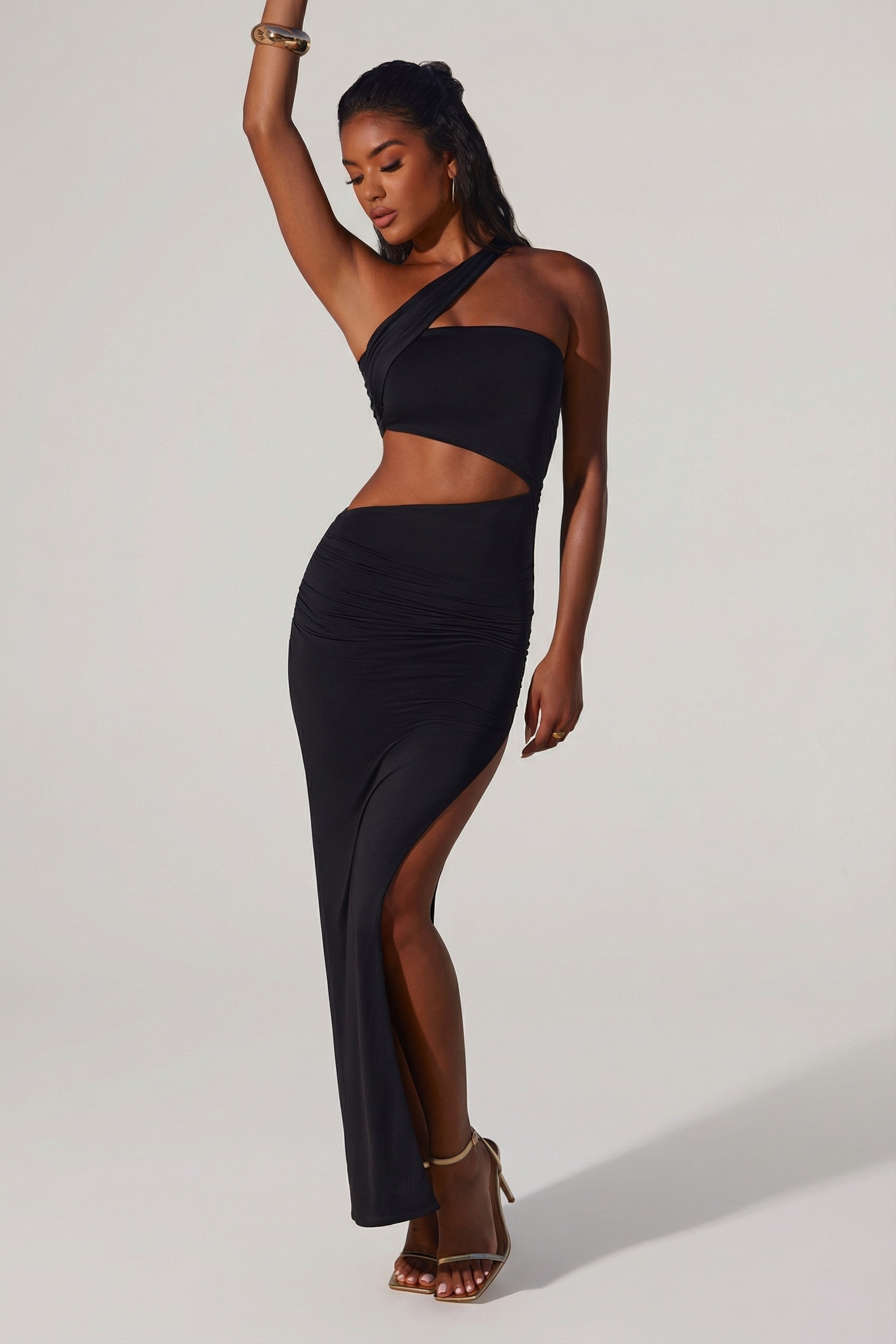 Asymmetric Neckline Ruched Cut Out Maxi Dress in Black
