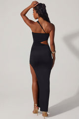 Asymmetric Neckline Ruched Cut Out Maxi Dress in Black