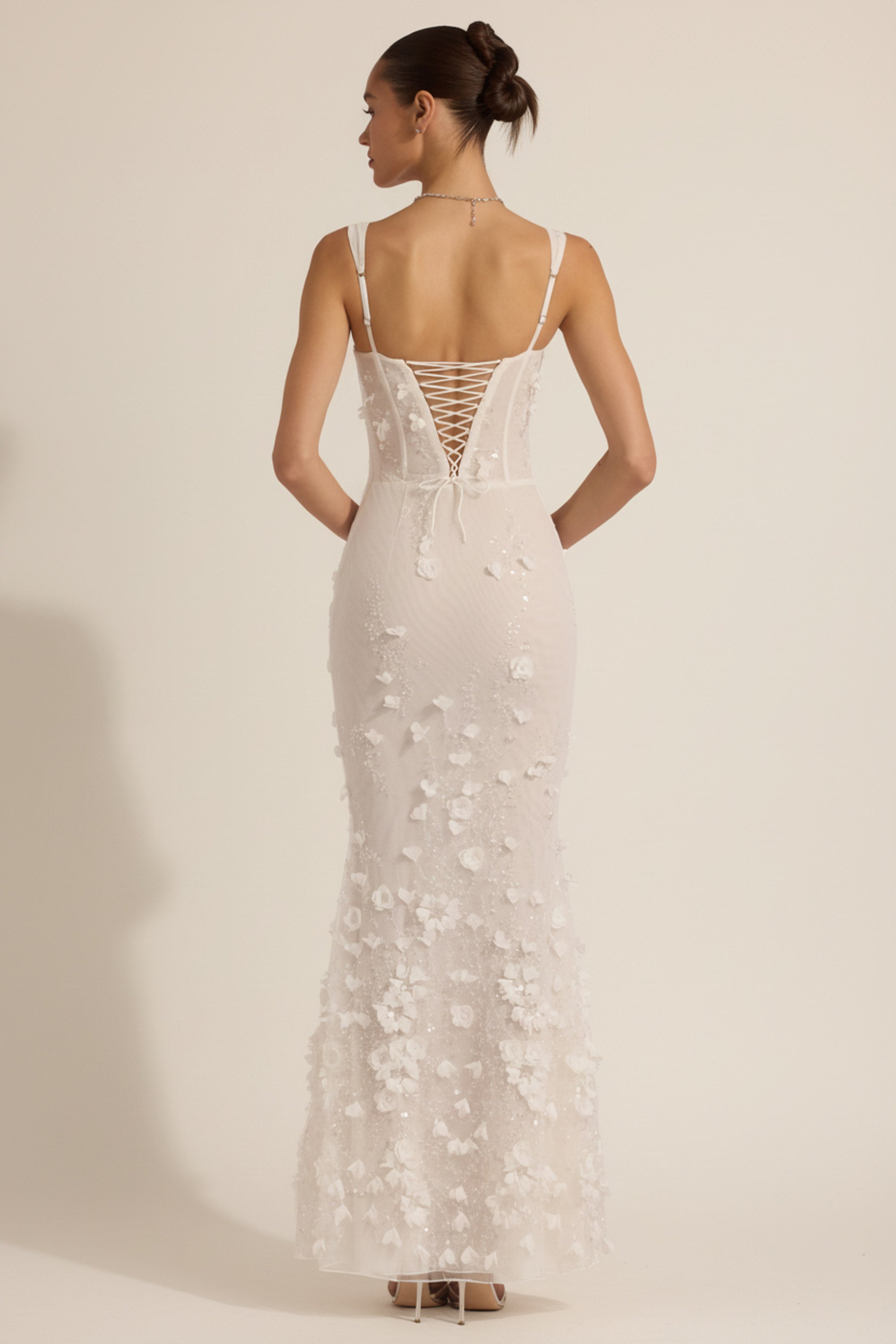 Embellished Appliqué Soft-Scoop Corset Gown in White
