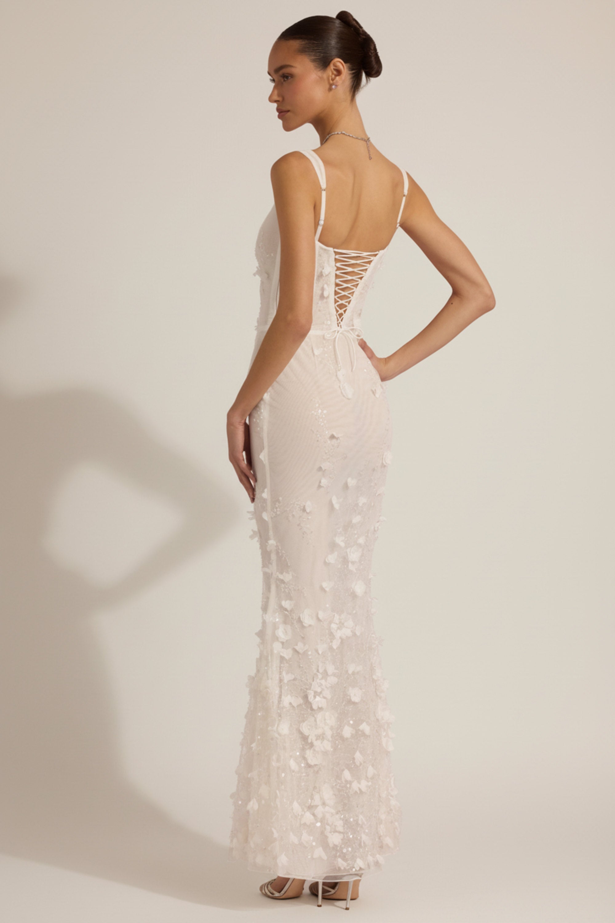Embellished Appliqué Soft-Scoop Corset Gown in White