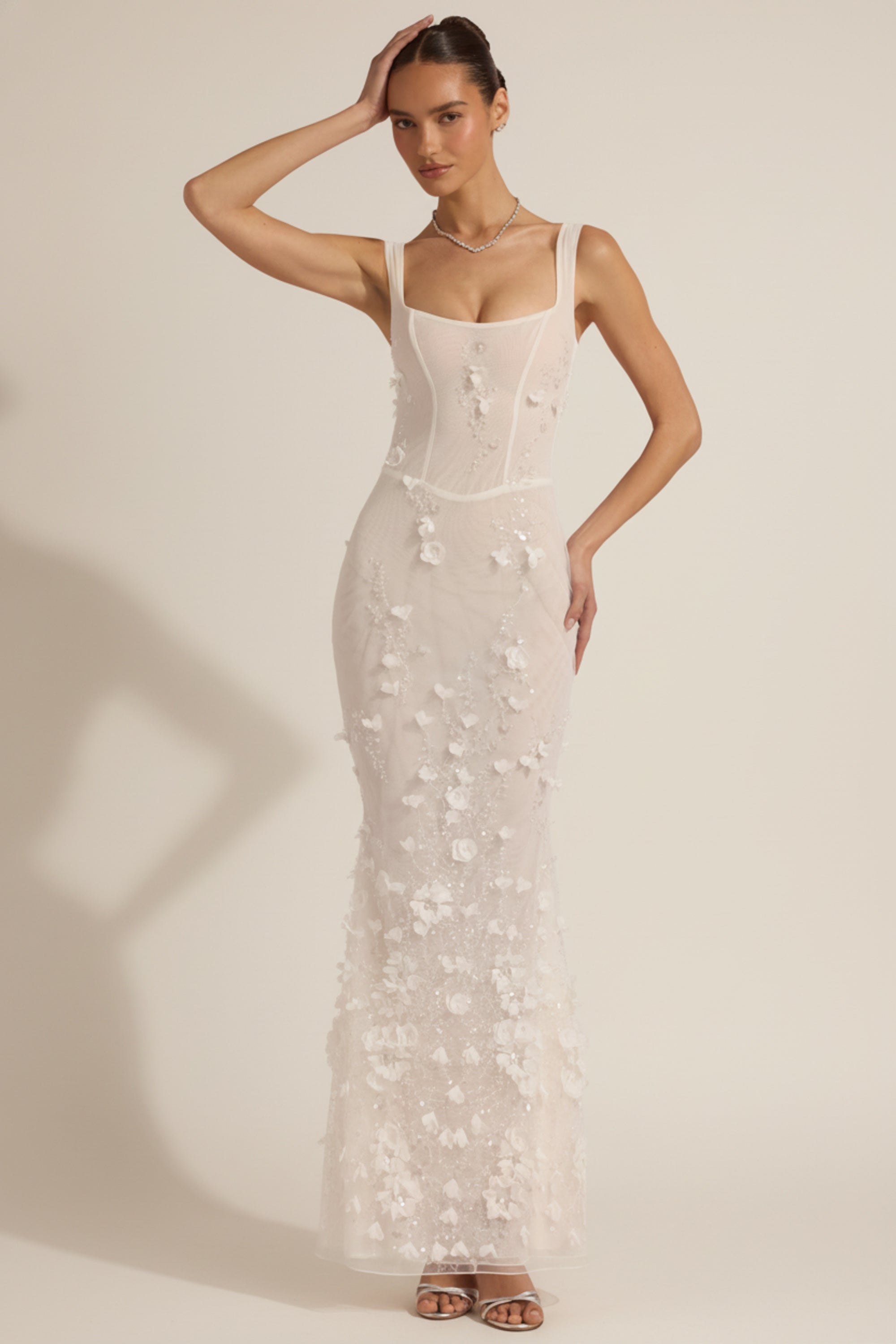 Embellished Appliqué Soft-Scoop Corset Gown in White