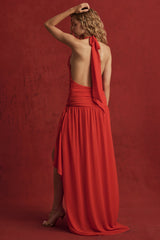 Asymmetric Halterneck Maxi Dress in Chilli Red