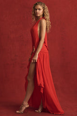 Asymmetric Halterneck Maxi Dress in Chilli Red