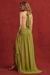Asymmetric Halterneck Maxi Dress in Olive Green