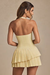 Asymmetric Layered Halterneck Mini Dress in Pastel Yellow